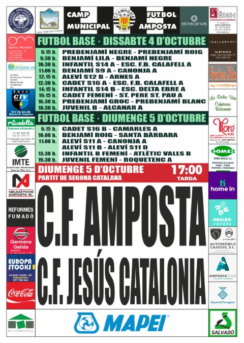 Jornada 3 SEGONA CATALANA GRUP 6. Diumenge 5 doctubre 17:00 hores: CF AMPOSTA - CF JESS CATALNIA
